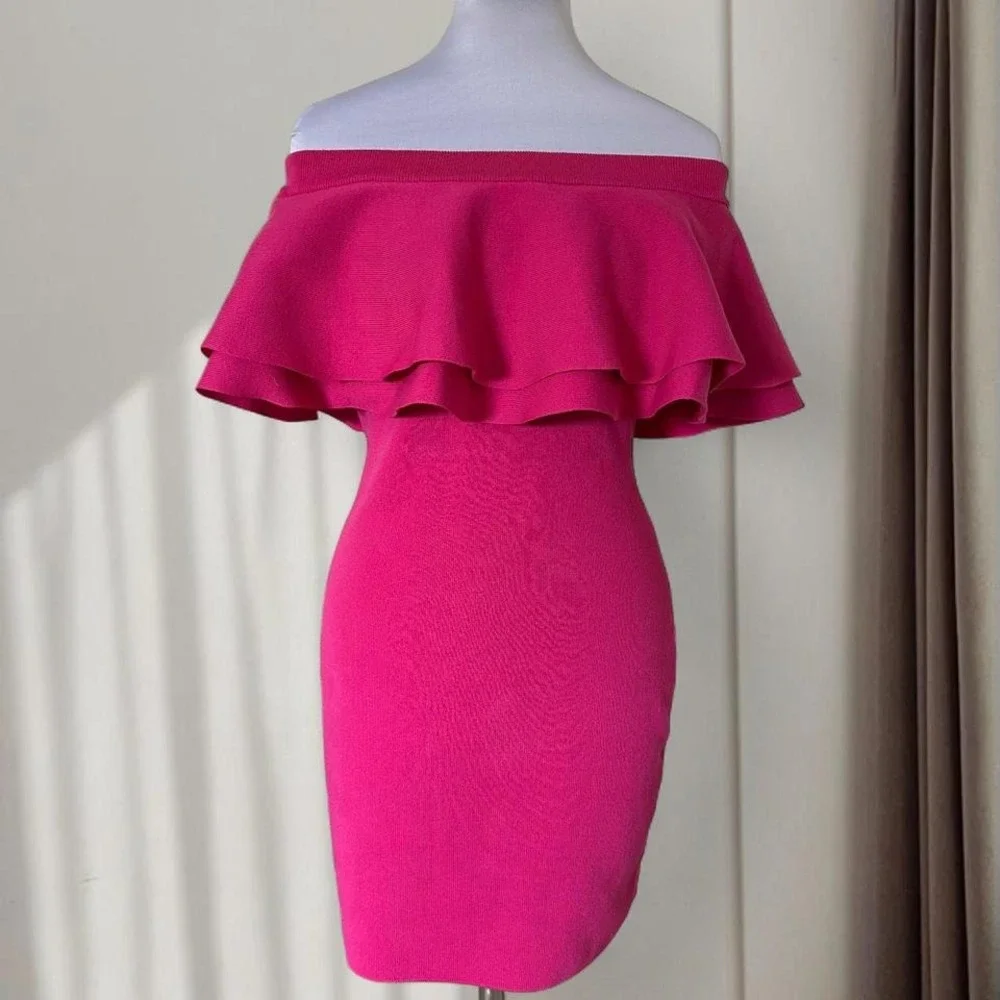Endless Rose Fuchsia Pink‎ Off the Shoulder Ruffle Knit Bodycon Mini Dress M